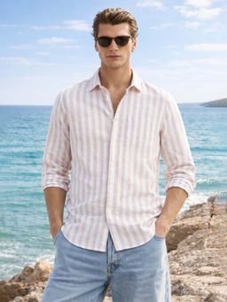 The Indian Garage Co - Men Slim Fit Stripes Khaki Casual Shirt