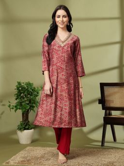 Nayam by lakshita - Pink Chanderi V-Neck Kurta with Pant and Dupatta (Set of 3)