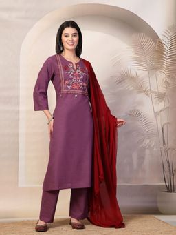 Nayam by lakshita - Purple Embroidered Straight Cotton Kurta & Pant with Dupatta (Set of 3)