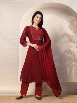 Nayam by lakshita - Maroon Embroidered A-Line Kurta & Pant with Dupatta (Set of 3)