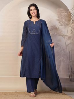 Nayam by lakshita - Navy Blue Embroidered A-Line Kurta & Pant with Dupatta (Set of 3)