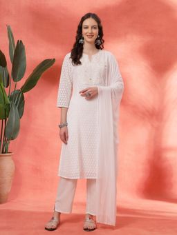 Nayam by lakshita - White Embroidered A-Line Kurta & Pant with Dupatta (Set of 3)