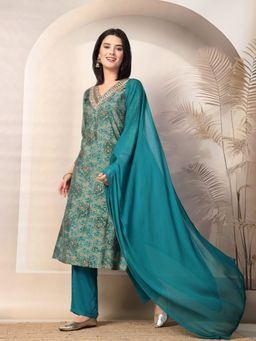 Nayam by lakshita - Green Women Printed Linen Kurta with Palazzo & Dupatta