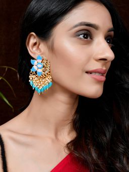 Silvermerc Designs - Gold Plated Blue Toned Handcrafted Kundan Studded Floral Drop Earrings