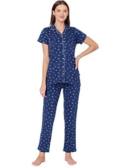 Bodycare - Womens Cotton Printed Night Suit Of Shirt & Pyjama -BSNS18003 Navy Blue (Set of 2)