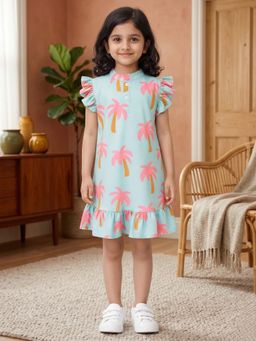 ANTHRILO - Palm Tree Girls Summer Frill Dress - Blue
