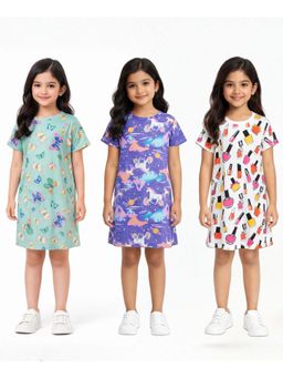 ANTHRILO - Butterfly,Unicorn Planet And Nail Paint Nightdress (Pack of 3)