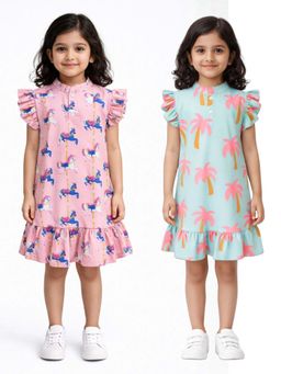 ANTHRILO - Dancing Unicorn And Palm Tree Girls Dresses (Pack of 2)