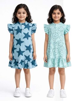 ANTHRILO - Stars And Football Printed Girls Dresses (Pack of 2)