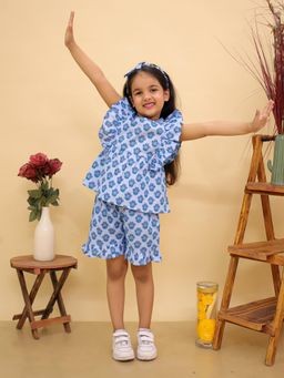 BownBee - Blue Pure Cotton Quirky Ruffle Top And Shorts With Hairband