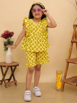 BownBee - Yellow Pure Cotton Quirky Ruffle Top And Shorts With Hairband