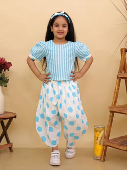 BownBee - Blue Pure Cotton Stripes Top And Pants With Hairband