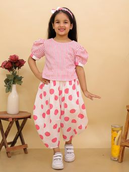 BownBee - Pink Pure Cotton Stripes Top And Pants With Hairband