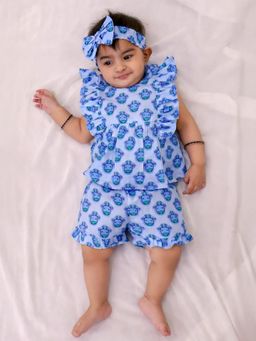 BownBee - Pure Cotton Quirky Ruffle Top And Shorts With Hairband - Blue