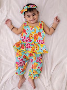 BownBee - Pure Cotton Floral Printed Co-Ord Set - Blue