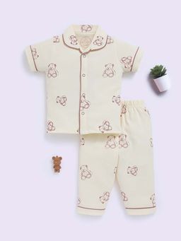 Clt.s - Cream Cotton Animal Print Half Sleeve Night Suit