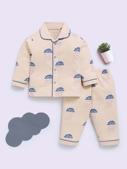 Clt.s - Beige Cotton Graphic Full Sleeve Shirt And Pyjama
