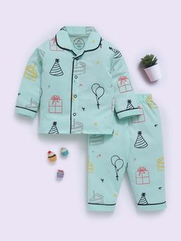 Clt.s - Sea Green Cotton Graphic Full Sleeve Shirt And Pyjama