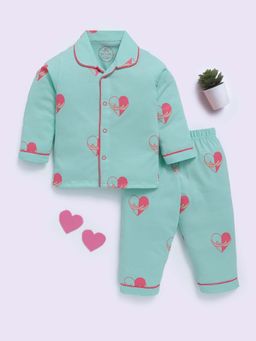 Clt.s - Sea Green Cotton Graphic Full Sleeve Shirt And Pyjama