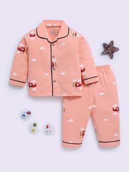 Clt.s - Orange Cotton Graphic Full Sleeve Shirt And Pyjama