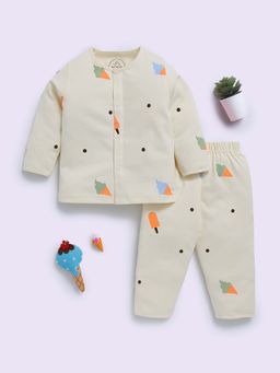 Clt.s - Cream Cotton Graphic Full Sleeve Shirt And Pyjama