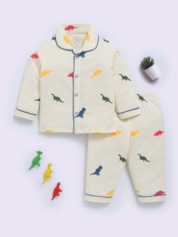 Clt.s - Cream Cotton Printed Full Sleeve Shirt And Pyjama