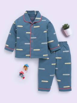 Clt.s - Blue Cotton Printed Full Sleeve Shirt And Pyjama