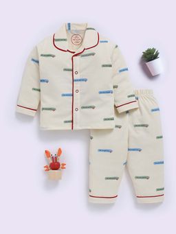 Clt.s - Cream Cotton Printed Full Sleeve Shirt And Pyjama