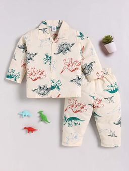 Clt.s - Cream Cotton Printed Full Sleeve Shirt And Pyjama