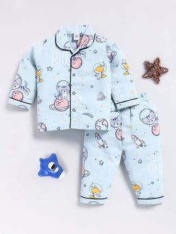 Clt.s - Blue Cotton Graphic Full Sleeve Shirt And Pyjama