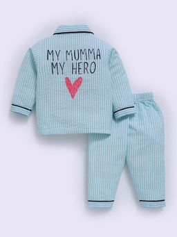Clt.s - Blue Cotton Typography Full Sleeve Shirt And Pyjama