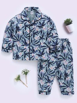Clt.s - Blue Cotton Floral Full Sleeve Shirt And Pyjama