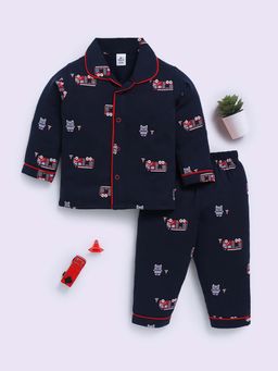 Clt.s - Navy Blue Cotton Graphic Full Sleeve Shirt And Pyjama