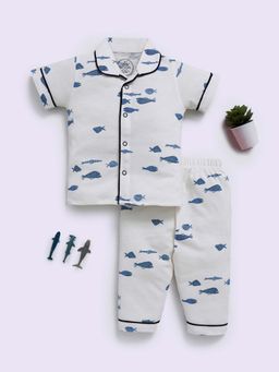 Clt.s - White Cotton Animal Print Half Sleeve Shirt And Pyjama