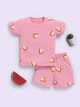Clt.s - Pink Cotton Graphic Half Sleeve Shirt And Shorts