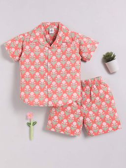 Clt.s - Coral Cotton Floral Half Sleeve Shirt And Shorts