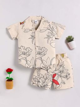Clt.s - Cream Cotton Floral Half Sleeve Shirt And Shorts