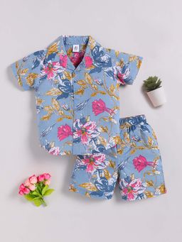 Clt.s - Blue Cotton Floral Half Sleeve Shirt And Shorts