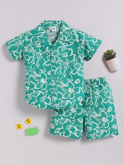 Clt.s - Green Cotton Floral Half Sleeve Shirt And Shorts