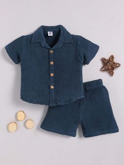 Clt.s - Blue Cotton Textured Half Sleeve Shirt And Shorts
