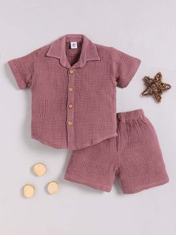 Clt.s - Mauve Cotton Textured Half Sleeve Shirt And Shorts