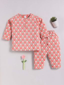Clt.s - Coral Cotton Floral Full Sleeve T-Shirt And Pyjama