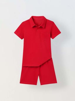 Spunkies - Boys Red Solid Short Sleeves Polo T-Shirt And Shorts
