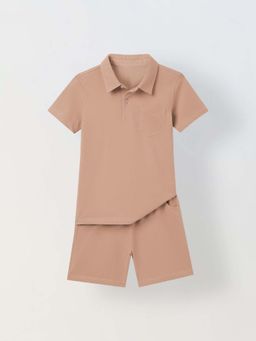 Spunkies - Boys Brown Solid Short Sleeves Polo T-Shirt And Shorts