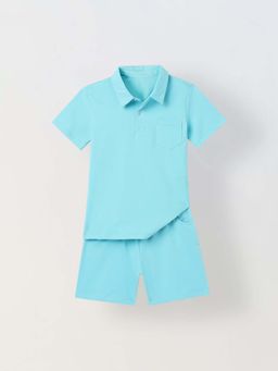 Spunkies - Boys Blue Solid Short Sleeves Polo T-Shirt And Shorts