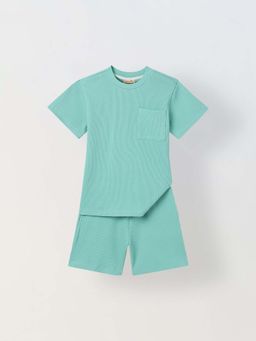 Spunkies - Boys Green Textured Crew Neck Short Sleeves T-Shirt And Shorts