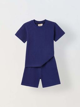 Spunkies - Boys Navy Blue Textured Crew Neck Short Sleeves T-Shirt And Shorts