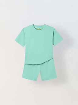 Spunkies - Green Solid Crew Neck Short Sleeves T-Shirt And Shorts