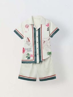 Spunkies - Boys Green Graphic Collar Short Sleeves Shirt And Shorts