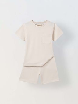 Spunkies - Boys Beige Textured Crew Neck Short Sleeves T-Shirt And Shorts
